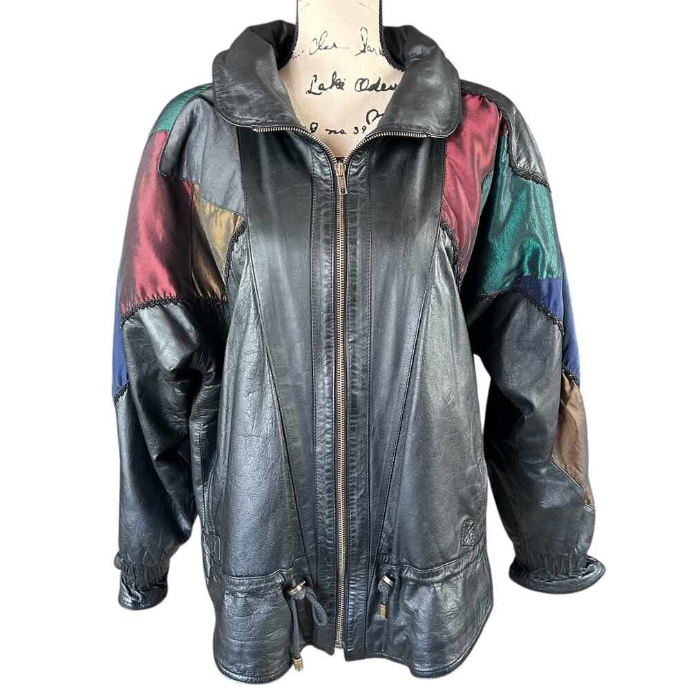 Pelle Leather Jacket Women Sze M Black Color Block Urban Bohemian Retro Full Zip